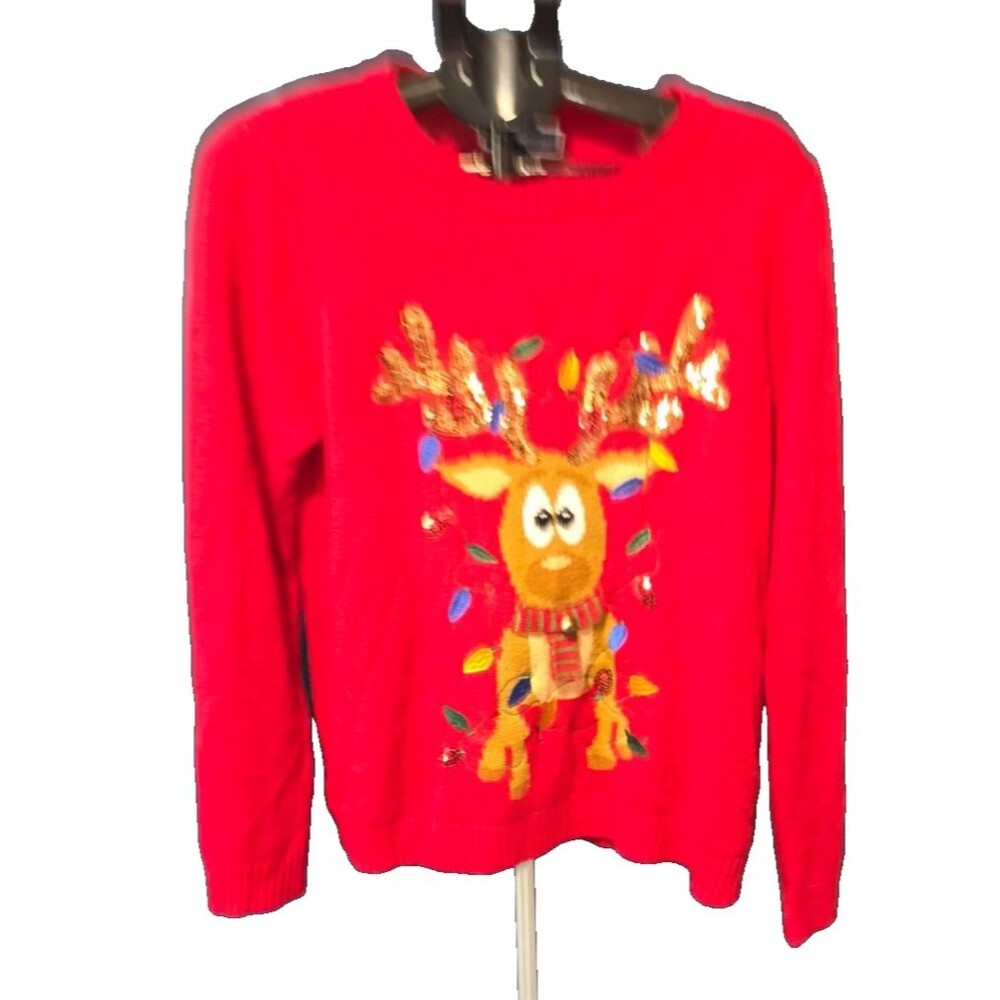 Karen Scott Reindeer Sequin Bell Nose Christmas Sweater Xmas XL